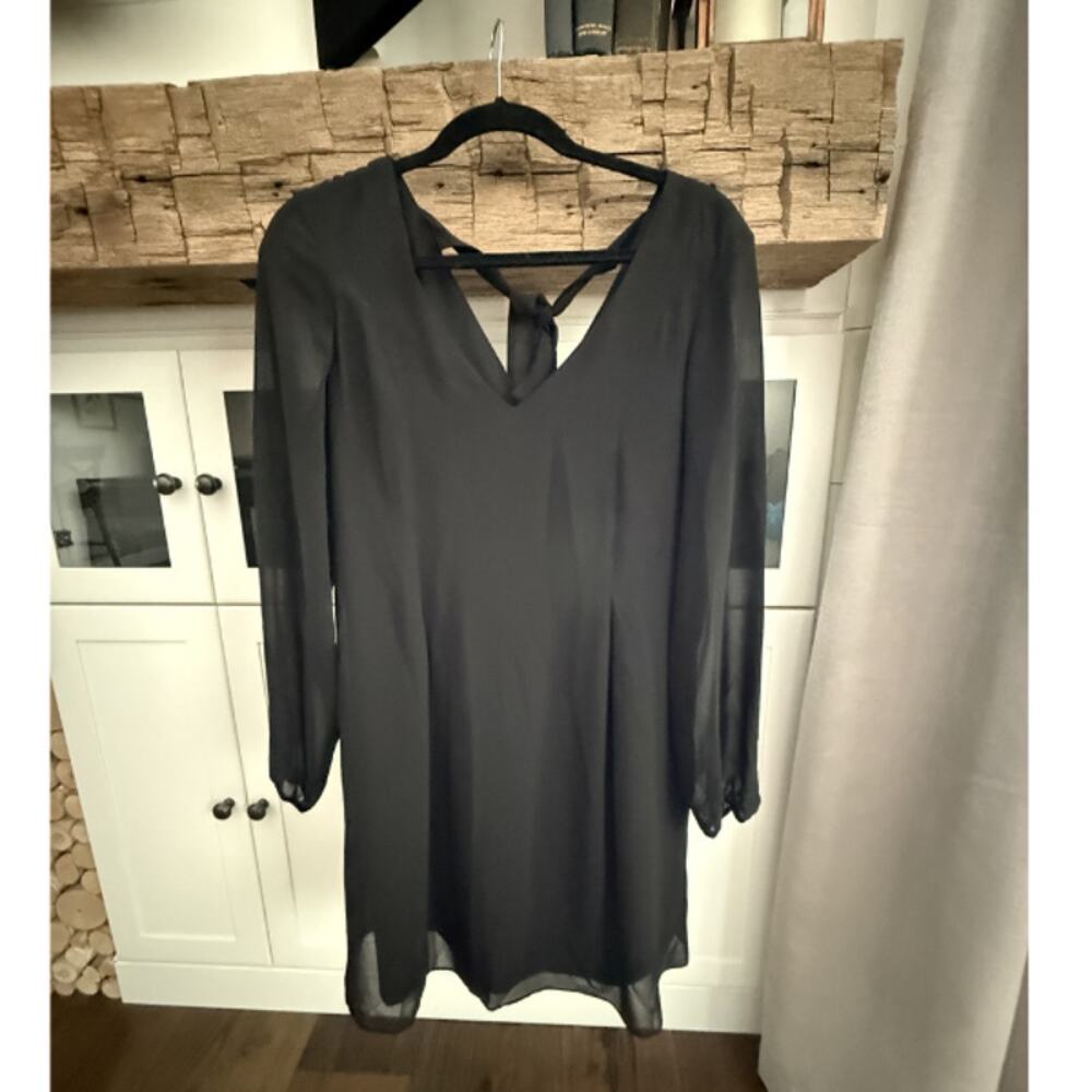 INC International Concepts Black Chiffon LBD Long Sleeve Tie Back Size S